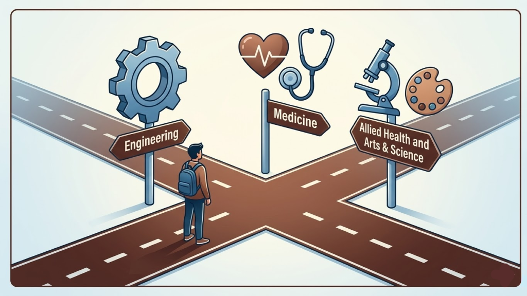 This image illustrates a student standing at a massive crossroads. Three major paths are visible. One path clearly leads towards Engineering (symbolized by a gear), another towards Medicine (a heart and stethoscope), and a third towards modern, varied fields like AHS and Arts (a microscope and palette). The style is minimalist and strategic, designed to match the 'decision-making' theme of the first blog.