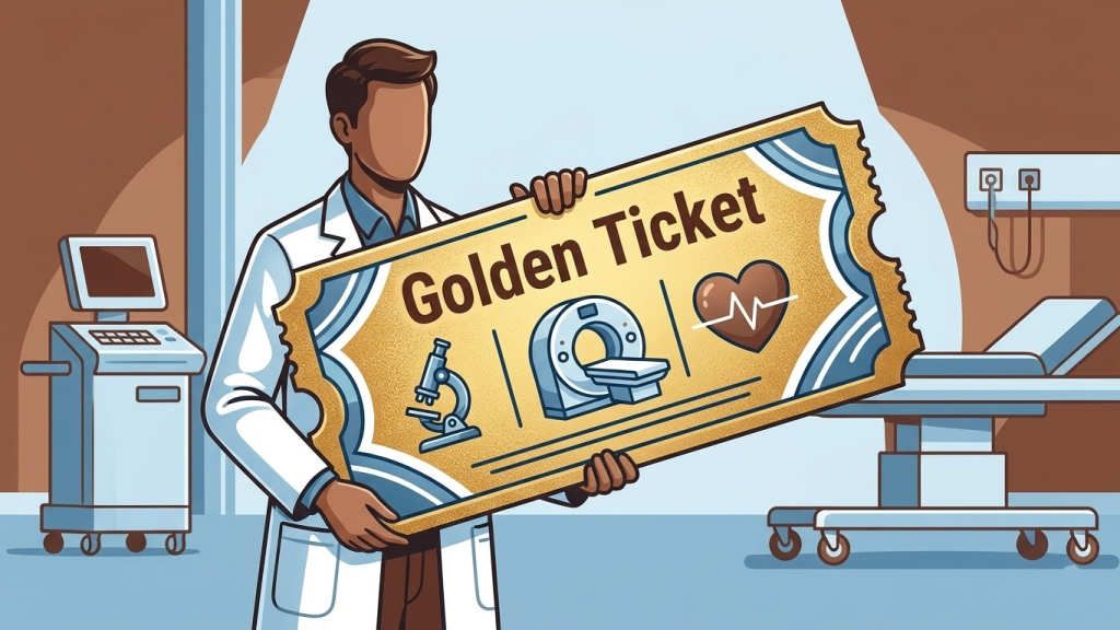 This image features an expert (representing the consultant or a lead health professional) presenting a stylized "Golden Ticket." Instead of a golden finish, the ticket has a textured, prestigious look with deep blue and white accents, clearly marked with icons for a microscope (Diagnostics) and a monitor (Imaging). A faint hospital background provides context.