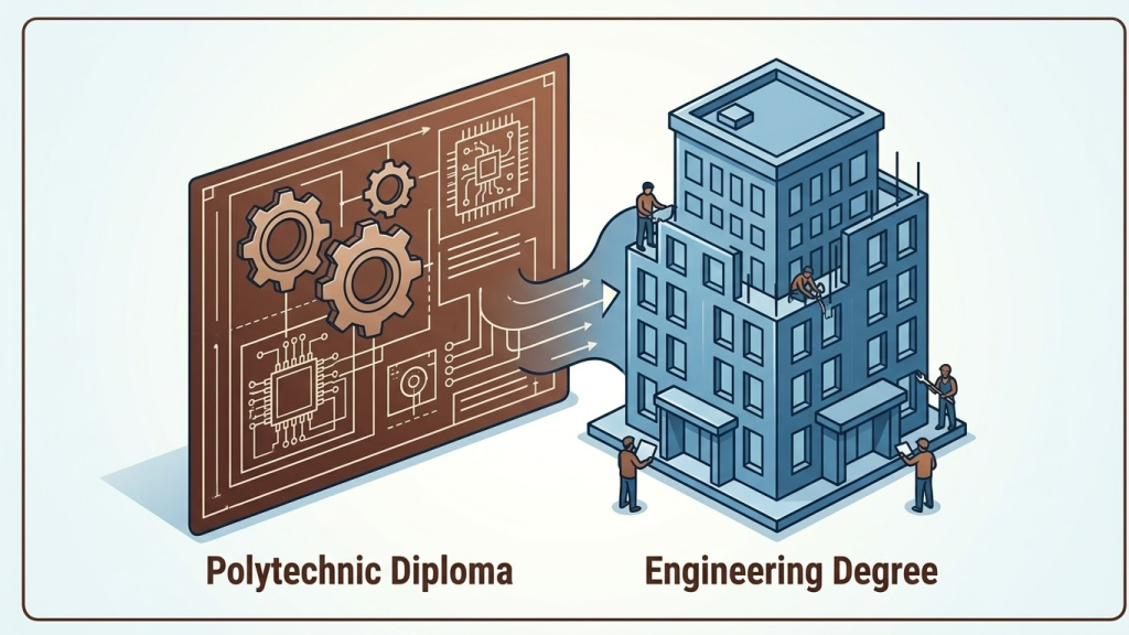 This image visually represents the concept of "building a foundation." A large blueprint (symbolizing Polytechnic training) is being transformed into a complete, modern building structure (the Engineering Degree). It highlights the practical skills acquired in a diploma program that serve as the structural base for a full engineering career. The dominant brown from the business card is used for the foundation, and the blue for the completed structure, following the established branding.